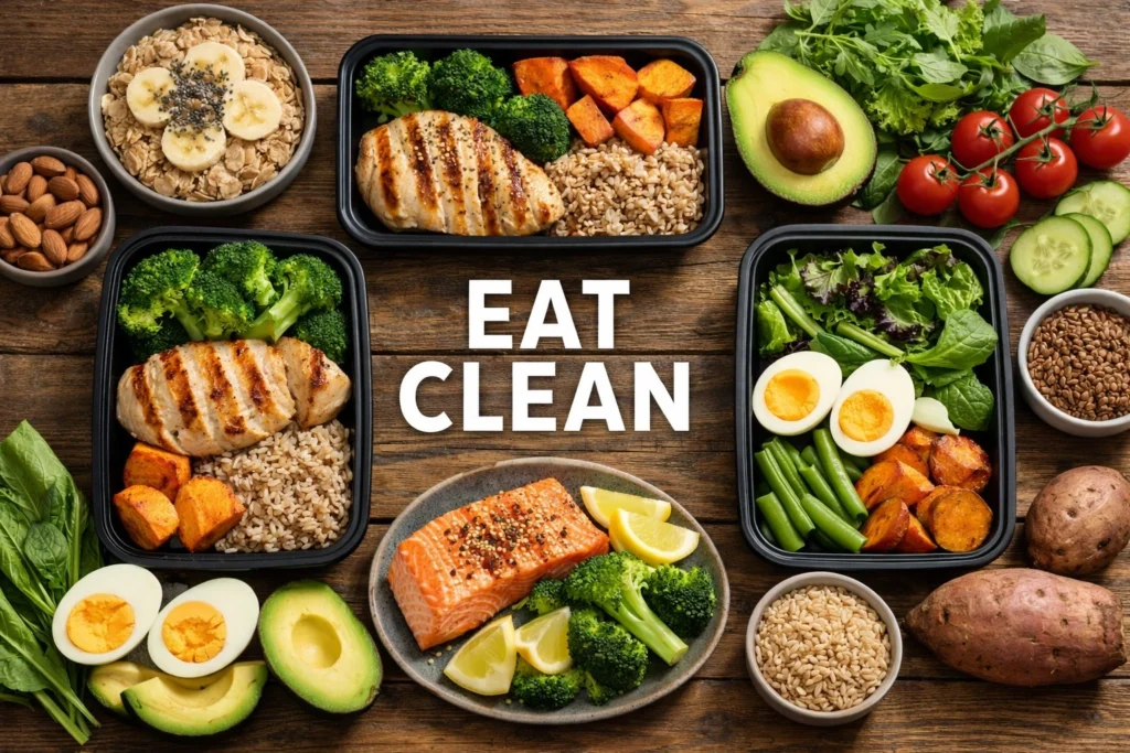 Một bữa eat clean thường gồm protein nạc, tinh bột tốt và nhiều rau xanh.