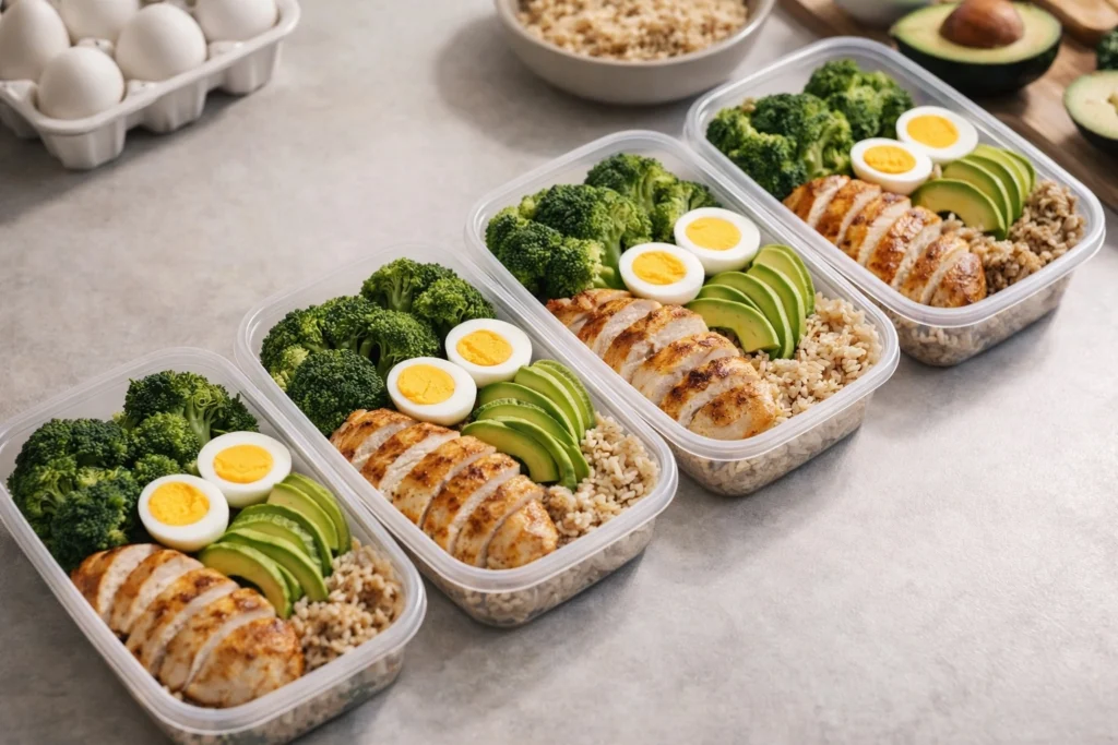 Chế độ ăn cần đủ protein, kiểm soát calo và cân bằng carb, chất béo để cơ thể vừa xây cơ vừa giảm mỡ.