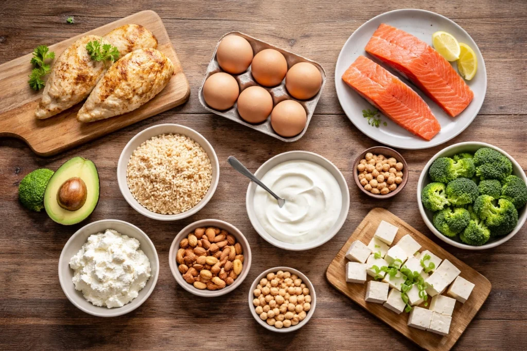 Các thực phẩm giàu protein như thịt gà, cá hồi, trứng, đậu hũ và sữa chua Hy Lạp giúp bạn dễ dàng xây dựng chế độ ăn tăng cơ giảm mỡ cân bằng.