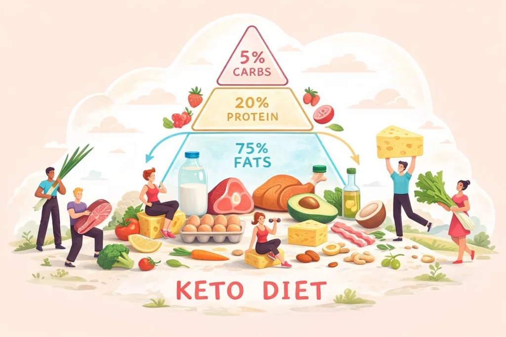 Mô hình chế độ ăn keto với tỷ lệ dinh dưỡng tiêu chuẩn: 75% chất béo, 20% protein và 5% carb – nền tảng giúp cơ thể chuyển sang trạng thái đốt mỡ (ketosis).