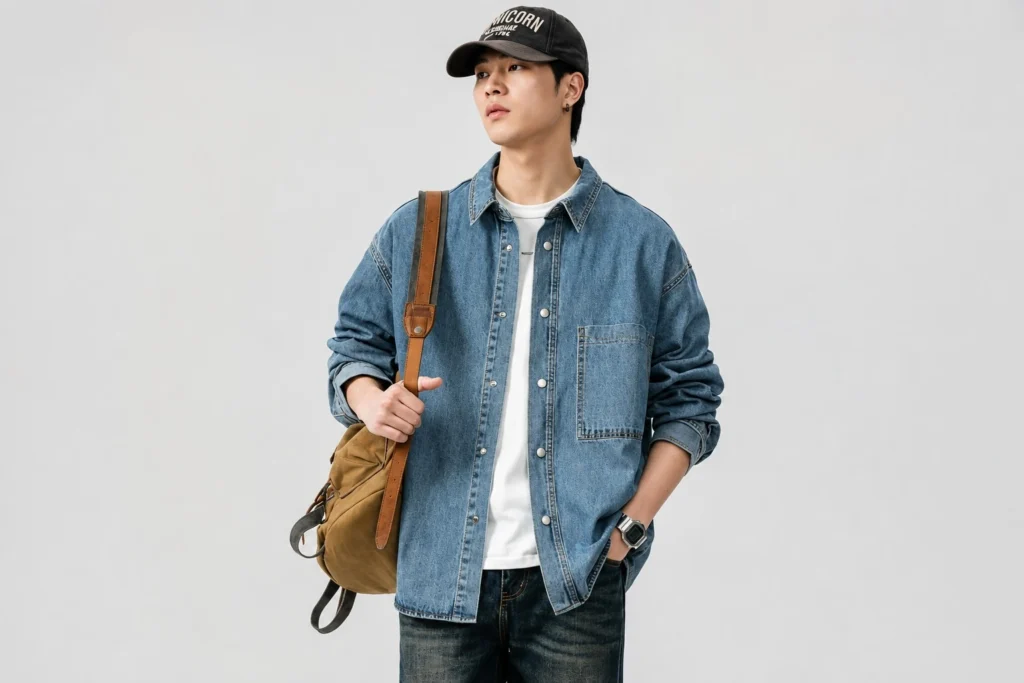 Áo thun trơn kết hợp sơ mi khoác và quần jeans