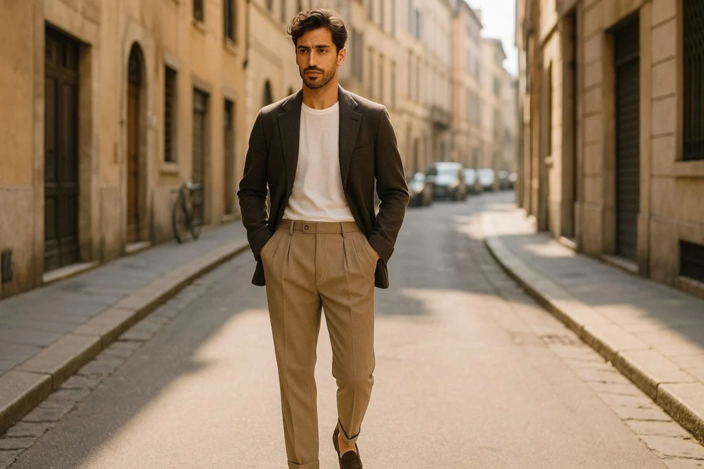 Áo blazer kết hợp áo thun và quần tây